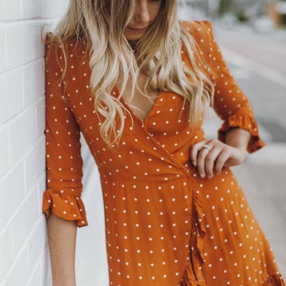 Faithfull the Brand Camel Wrap Printed Dress